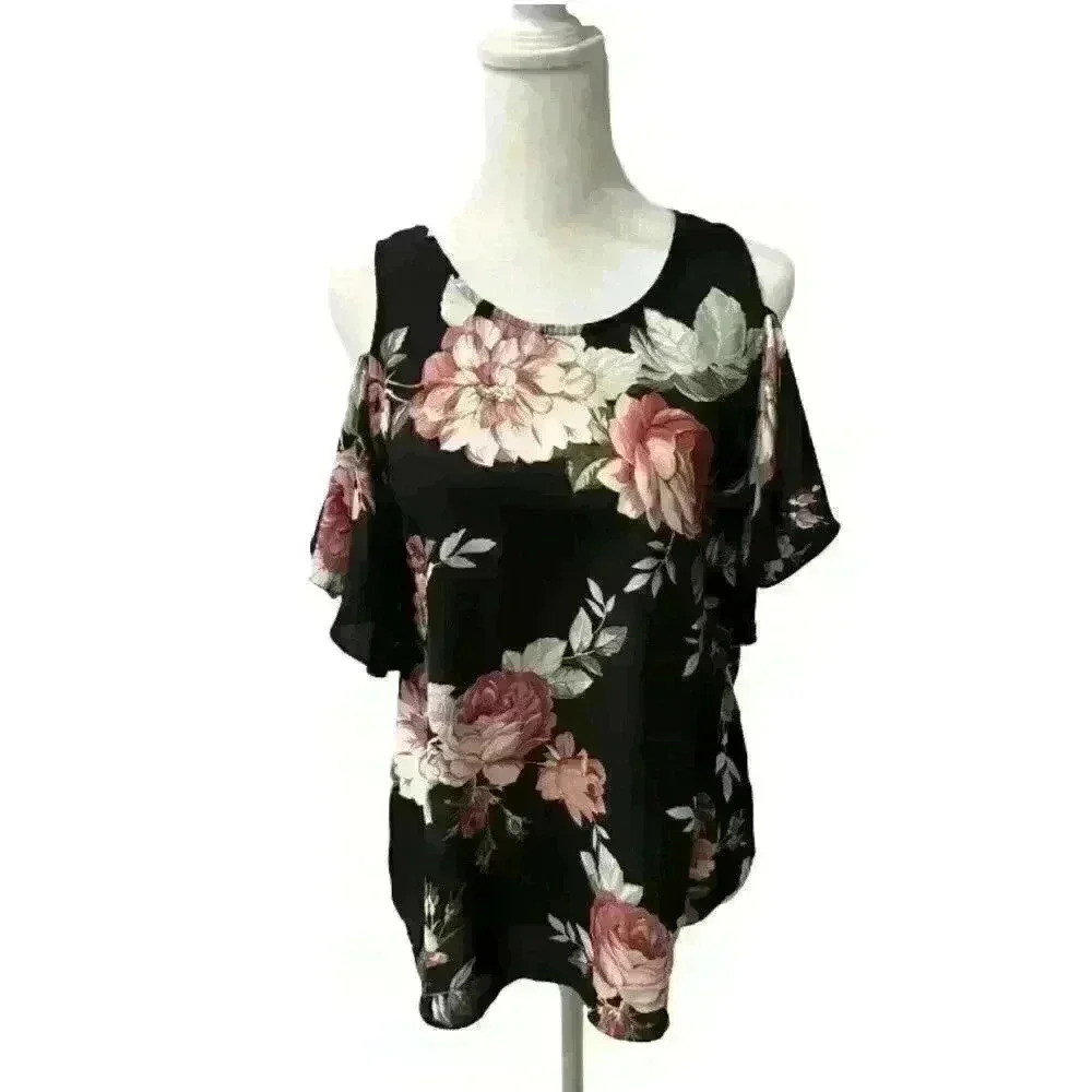 Cold Shoulder Rose Floral Blouse